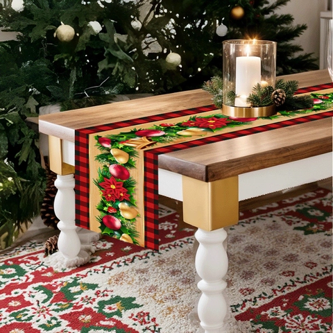Runner Da Tavolo Natalizio Quadri Buffalo Poliestere Stampato Poinsettia Campane Floreale Decorazione Per Tavola Da Pranzo