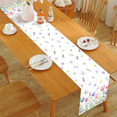 Spring Floral Table Runner Polyester Tulip Butterfly Print Table Runner For Birthday Party Home Dining Desktop Decoration