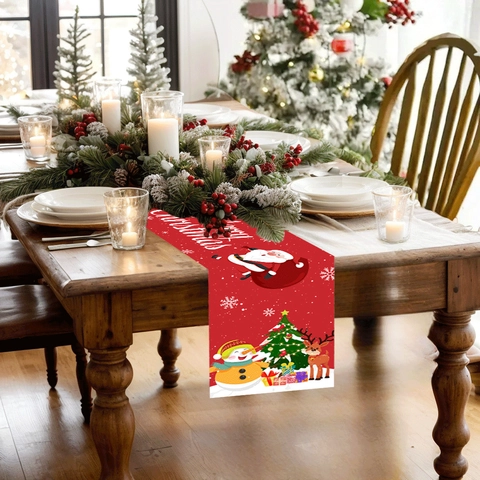 Roter Weihnachts Tischläufer Weihnachtsmann Schneemann Rentier Druck Frohe Weihnachten Festlicher Dekorativer Schal Für Feiertags Party Zuhause