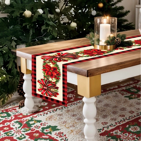 Weihnachts Tischläufer Mit Rotem Weihnachtsstern Und Karo Rand Polyester Stoff Feiertag Party Esstisch Dekor