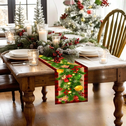 Christmas Table Runner Buffalo Plaid Red Black Plaid Ornaments Pine Branches Decoration For Dinner Party Holiday Home Table Decor