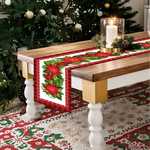 Christmas Table Runner Poinsettia Floral Buffalo Plaid Red Black Check Polyester Festive Dining Room Table Decor Home Holiday Party Decoration