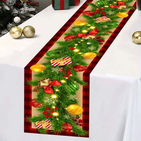 Christmas Table Runner Buffalo Plaid Red Black Plaid Ornaments Pine Branches Decoration For Dinner Party Holiday Home Table Decor