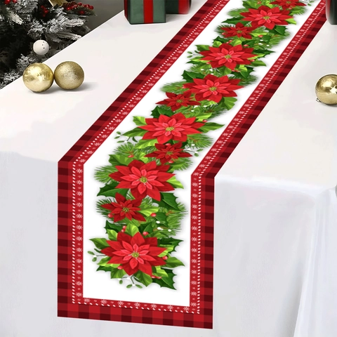 Christmas Table Runner Poinsettia Floral Buffalo Plaid Red Black Check Polyester Festive Dining Room Table Decor Home Holiday Party Decoration