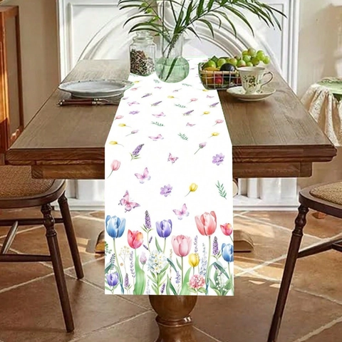 Spring Floral Table Runner Polyester Tulip Butterfly Print Table Runner For Birthday Party Home Dining Desktop Decoration