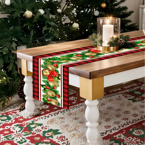 Christmas Table Runner Red Black Plaid Buffalo Check Pine Needle Bell Pattern Polyester Festive Table Decor For Xmas Holiday Party Home Decoration