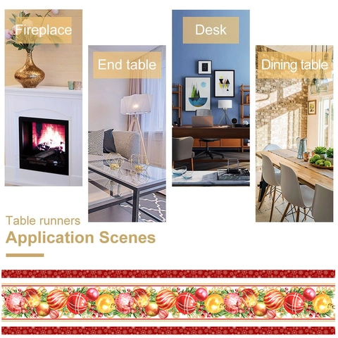 Christmas Table Runner Colorful Ornament Balls Pine Leaves Polyester Festive Decorative Tablecloth For Holiday Party Home Dinner Decor