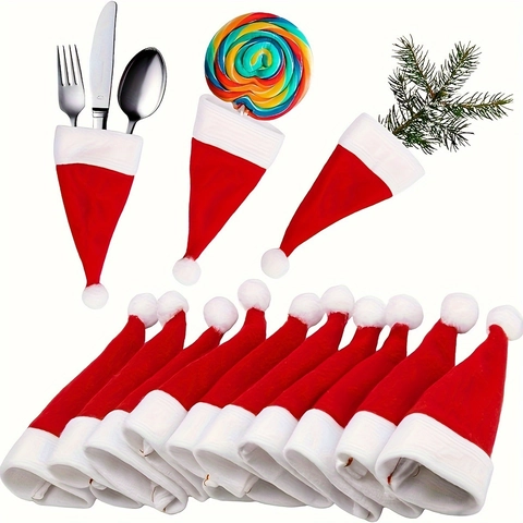 Portaposate a Mini Cappello di Natale Sacchetti per Posate in Poliestere Rosso per Decorazione Tavola Festa Casa