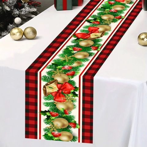 Christmas Table Runner Red Black Plaid Buffalo Check Pine Needle Bell Pattern Polyester Festive Table Decor For Xmas Holiday Party Home Decoration