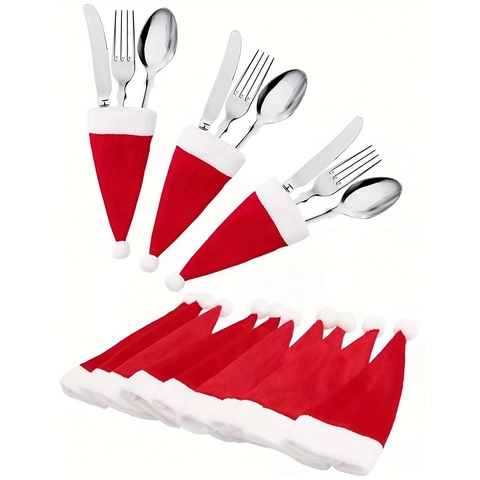 Mini Christmas Hat Cutlery Holders Brushed Fabric Table Decor Wine Bottle Covers Holiday Party Supplies
