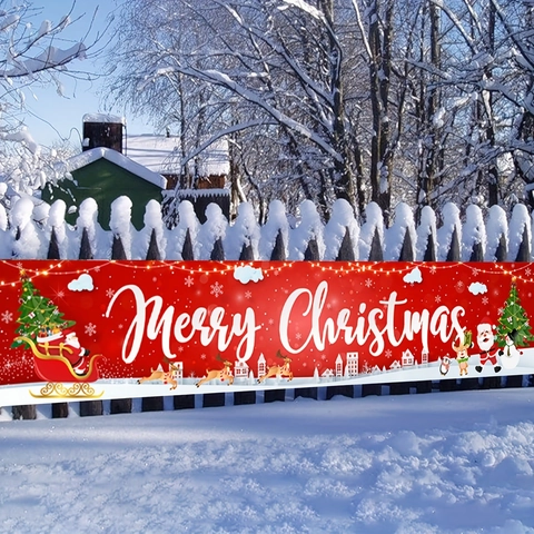 Merry Christmas Outdoor Banner Rot Polyester Dekoration Weihnachtsmann Rentier Muster Für Zaun Hof Wand Party Dekor