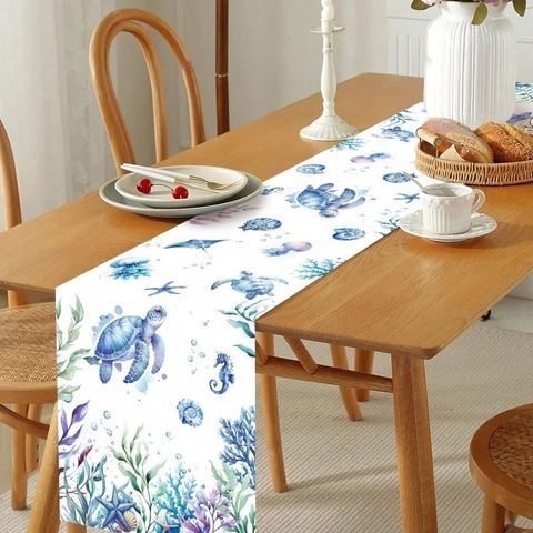 Oceaan Thema Aquarel Zeeleven Tafelloper Polyester Zeeschildpad Zeepaardje Patroon Onderwaterwereld Thuis Feest Tafeldecoratie