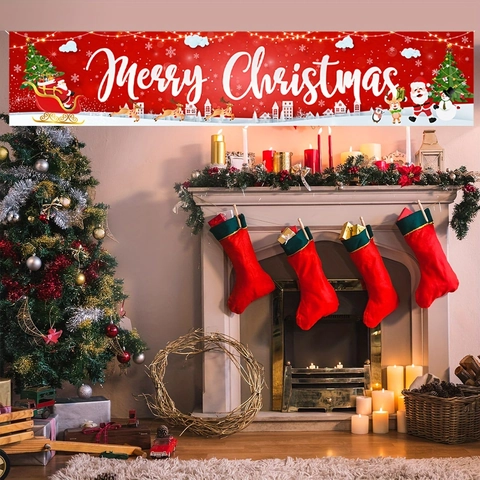Merry Christmas Outdoor Banner Rot Polyester Dekoration Weihnachtsmann Rentier Muster Für Zaun Hof Wand Party Dekor