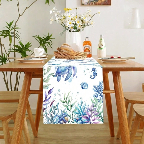 Oceaan Thema Aquarel Zeeleven Tafelloper Polyester Zeeschildpad Zeepaardje Patroon Onderwaterwereld Thuis Feest Tafeldecoratie