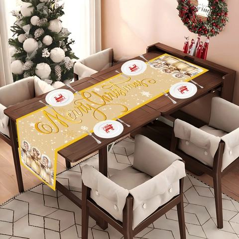 Runner da Tavolo Merry Christmas Ragazze Cantanti Retrò Tovaglia Poliestere Stampata Fiocchi di Neve Oro Decorazione Natale