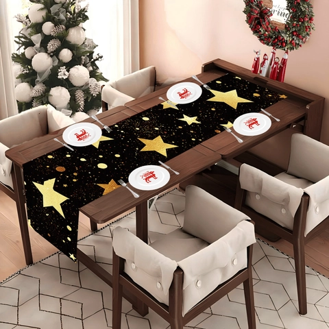 Christmas Table Runner Black And Gold Star Pattern Printed Polyester Fabric For Dining Table Holiday Party Home Decoration