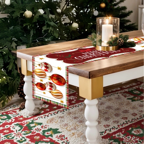 Merry Christmas Table Runner Red White Plaid Border Festive Ball Ornament Pattern Holiday Dining Table Decoration Fabric