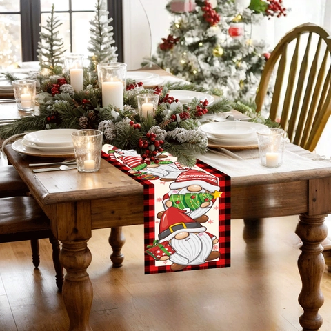 Chemin de Table Gnomes de Noël Carreaux Buffalo Polyester Chemin de Table Rectangulaire pour Dîner Fête Noël