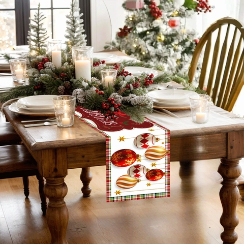 Merry Christmas Table Runner Red White Plaid Border Festive Ball Ornament Pattern Holiday Dining Table Decoration Fabric