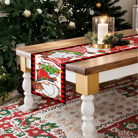 Chemin de Table Gnomes de Noël Carreaux Buffalo Polyester Chemin de Table Rectangulaire pour Dîner Fête Noël