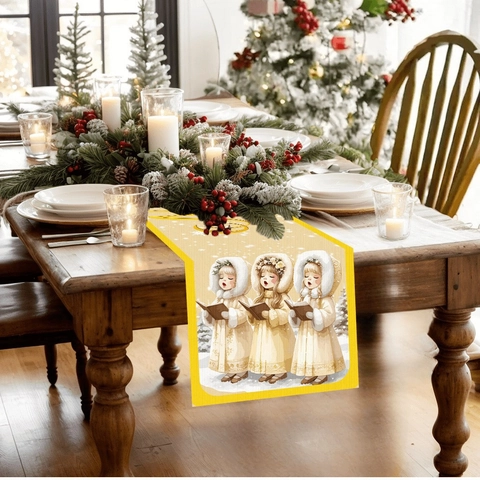 Runner da Tavolo Merry Christmas Ragazze Cantanti Retrò Tovaglia Poliestere Stampata Fiocchi di Neve Oro Decorazione Natale