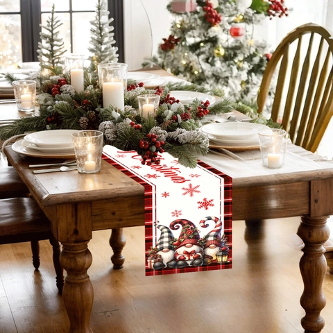 Weihnachten Tischläufer Mit Rot-Schwarzem Karo Wichtel Schneeflocken Polyester Tischdecke Für Feiertag Zuhause Party Abendessen Dekoration