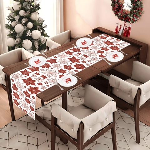 Runner da Tavola Natalizio in Poliestere con Stampa Floreale di Stelle di Natale per Tavolo da Pranzo Festa Invernale Casa Decorazione