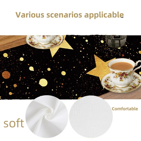Christmas Table Runner Black And Gold Star Pattern Printed Polyester Fabric For Dining Table Holiday Party Home Decoration