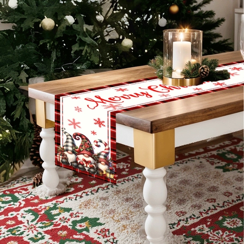 Weihnachten Tischläufer Mit Rot-Schwarzem Karo Wichtel Schneeflocken Polyester Tischdecke Für Feiertag Zuhause Party Abendessen Dekoration