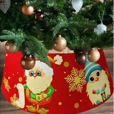 Red Christmas Tree Collar Polyester Tree Skirt Alternative With Santa Gnome Printed Pattern For Holiday Indoor Decoration