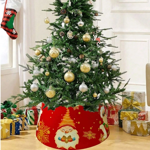 Red Christmas Tree Collar Polyester Tree Skirt Alternative With Santa Gnome Printed Pattern For Holiday Indoor Decoration