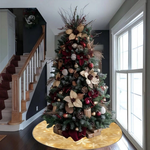 Gold Schwarz Schneeflocke Weihnachtsbaumrock Rund Weihnachten Dekoration Polyester Baumstamm Abdeckung Für Feiertage
