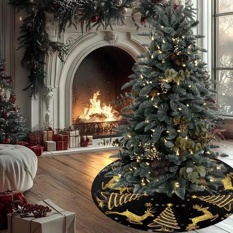 Black Gold Christmas Tree Skirt Polyester Reindeer Snowflake Pattern Round Festive Holiday Tree Base Cover For Home Party Decoration