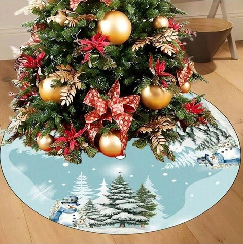 Round Christmas Tree Skirt Light Blue Snowman Pine Tree Snowflake Pattern Polyester Base Decor Winter Snow Scene Festival Party Home Decoration