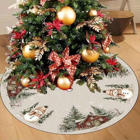 Ronde Kerstboomrok Polyester Sneeuwpop Hut Pijnboom Patroon Bedrukt Vakantie Decoratie Onderlegger Mat Voor Thuis