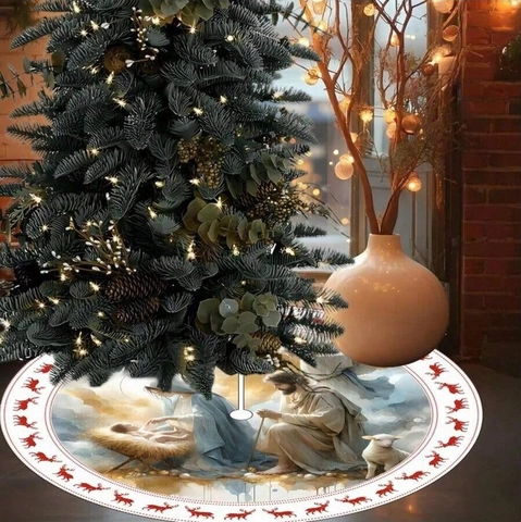 Jupe de Sapin de Noël Ronde Motif Nativité et Renne Tapis de Sol en Polyester Imprimé pour Décoration de Noël Maison Fête