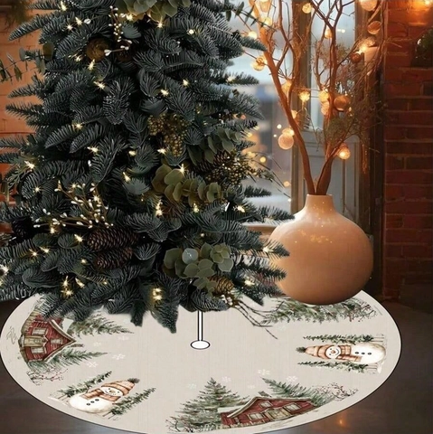 Ronde Kerstboomrok Polyester Sneeuwpop Hut Pijnboom Patroon Bedrukt Vakantie Decoratie Onderlegger Mat Voor Thuis