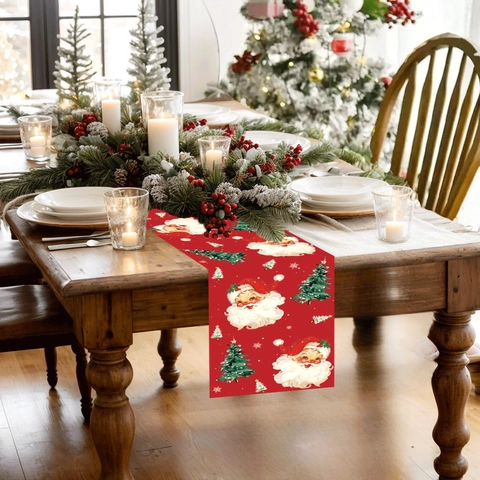 Vintage Christmas Table Runner Polyester Santa Claus Christmas Tree Print Wear Resistant For Festive Dining Table Decor