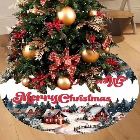 Runde Weihnachtsbaumdecke Verschneite Winterdorf Szene Merry Christmas Schriftzug Feiertagsdeko Bodenmatte Christbaumständer Zubehör
