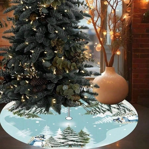Polyester Christmas Tree Skirt Light Blue Snowman Pine Tree Printed Round Winter Snow Scene Xmas Tree Holiday Decoration