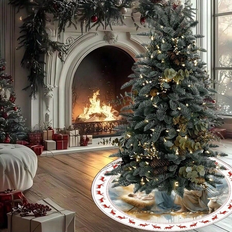 Jupe de Sapin de Noël Ronde Motif Nativité et Renne Tapis de Sol en Polyester Imprimé pour Décoration de Noël Maison Fête