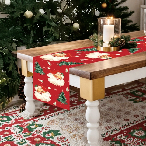 Vintage Christmas Table Runner Polyester Santa Claus Christmas Tree Print Wear Resistant For Festive Dining Table Decor