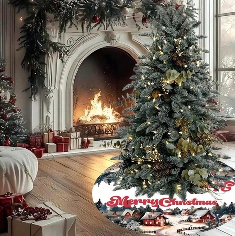 Runde Weihnachtsbaumdecke Verschneite Winterdorf Szene Merry Christmas Schriftzug Feiertagsdeko Bodenmatte Christbaumständer Zubehör