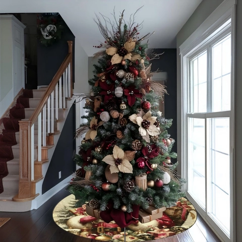 Runde Vintage Weihnachtsmann Weihnachtsbaumdecke Bedruckte Stoff Baumunterlage Für Festliche Atmosphäre Weihnachten Haus Dekoration