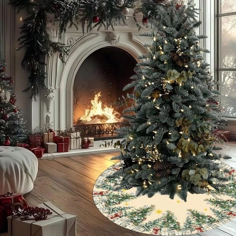 Round Beige Christmas Tree Skirt Polyester Star Tree Rabbit Print Decoration For Holiday Home Party Indoor Floor Mat
