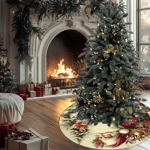 Runde Vintage Weihnachtsmann Weihnachtsbaumdecke Bedruckte Stoff Baumunterlage Für Festliche Atmosphäre Weihnachten Haus Dekoration