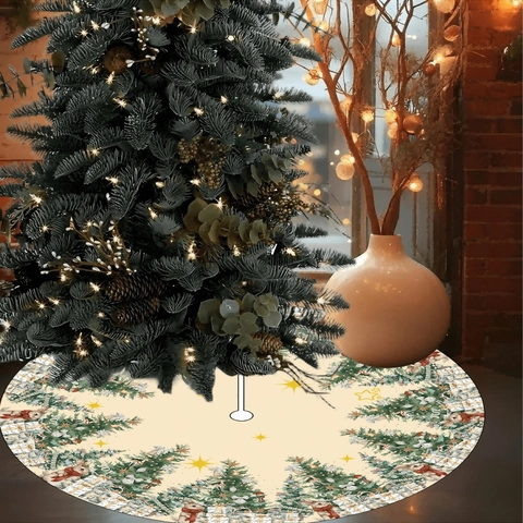 Round Beige Christmas Tree Skirt Polyester Star Tree Rabbit Print Decoration For Holiday Home Party Indoor Floor Mat