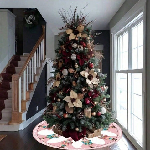 Jupe de Sapin de Noël Rose et Blanc Motif Soldat Casse-Noisette Ronde Polyester Décoration de Maison Fête Noël