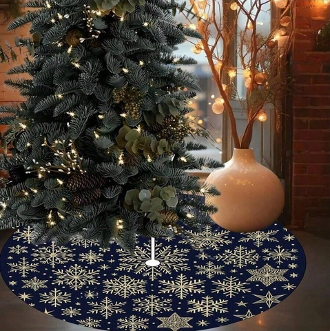 Jupe de Sapin de Noël en Polyester Bleu Foncé Or Motif Flocon de Neige Couverture de Base de Sapin Ronde Décoration Fête