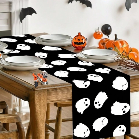 Halloween Geest Patroon Tafelloper Polyester Zwart Wit Cartoon Geest Tafelkleed Feestelijke Party Home Dining Decoratie